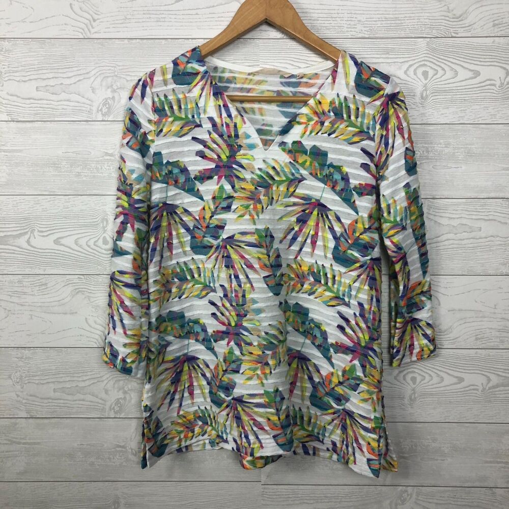 Soft Surroundings Women's Medium Printed V Neck Top 3/4 Sleeve Casual Shirt